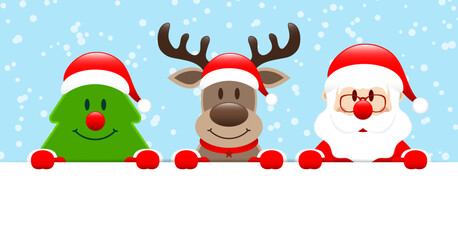Baum Rentier Und Weihnachtsmann Banner Schnee Blau