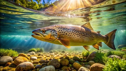Naklejka premium Underwater Long Exposure Photo of a Brown Trout in a Crystal Clear Stream
