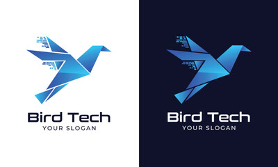 Bird tech Logo, Modern futuristic origami bird tech logo design with digital pixel elements, blue gradient, and geometric style for technology, software, AI, IT solutions, and innovation companies. 