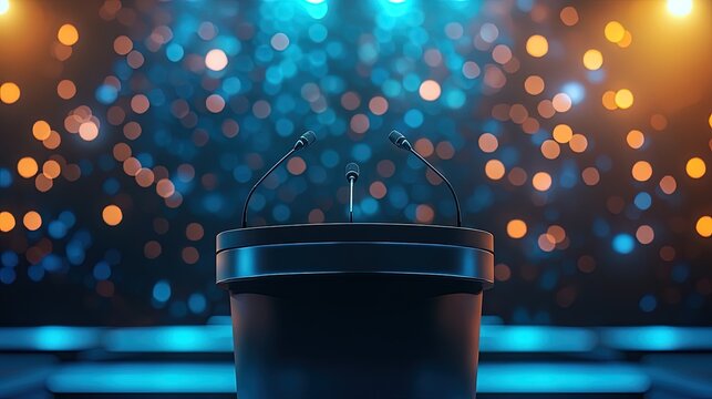 A podium set up for a conference presentation with speakers discussing technological innovations