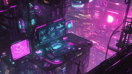 A luxury gaming setup with neon lights, a large monitor, and futuristic peripherals. 