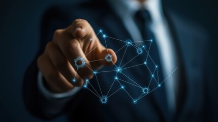 business professional interacting with digital network interface, showcasing technology and innovation. image conveys sense of leadership and modernity