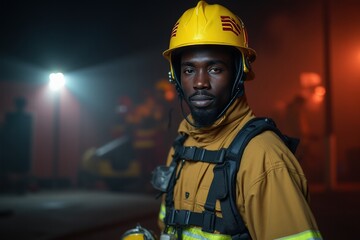 Fototapeta premium 40 years old Zambian male firefighter looking at camera against blurred firestation background.