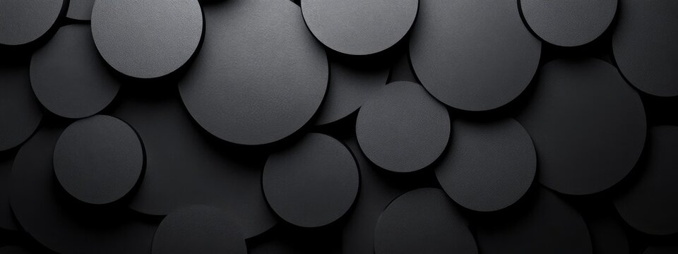 Geometric black circles and polygons on a dark background. Geometric pattern for banner template with white space in the center for text. Minimalist wallpaper with copy space.