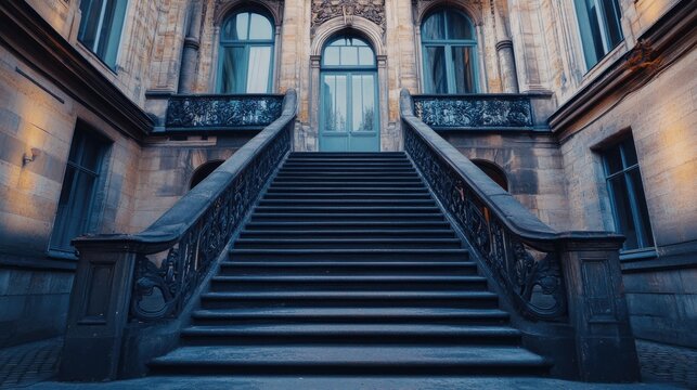Grand stone staircase leading to building entrance, evening