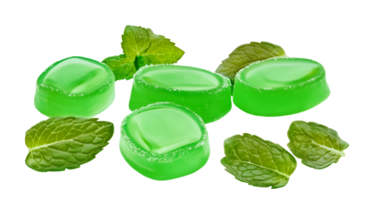 Green mint candies and mint leaves isolated on transparent or white background, png