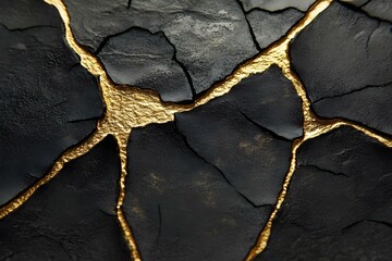 A textured surface featuring black cracks accentuated by shimmering gold lines. Concept Textured Surface Design, Black Cracks, Shimmering Gold Lines, Artistic Background, Modern Aesthetic