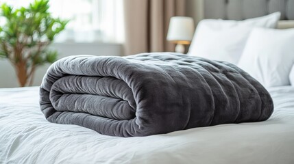 Discover a cozy bedroom setup with a neatly folded weighted blanket and crisp white sheets