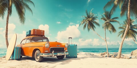 Retro car with luggage on tropical beach