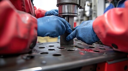 Workers in red jackets precisely align a metal piece