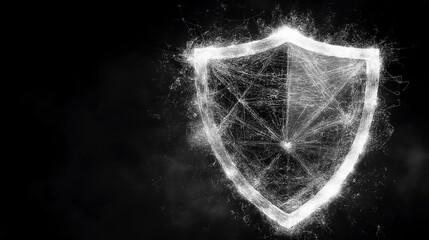 Digital Shield: A glowing, abstract shield composed of white particles emerges from a black background. Its luminous, otherworldly appearance evokes a sense of protection, security.