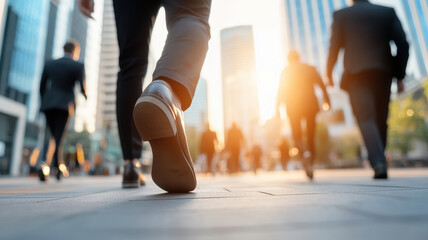 Fototapeta premium Walking professionals in bustling city during sunset, showcasing urban life