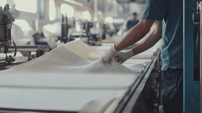 Textile manufacturing plant. Workers operating machines and handling fabrics. Emphasizing efficiency and quality in textile production. Ideal for textile industry insights.