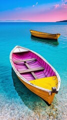 Obraz premium Colorful boats floating on calm turquoise waters beneath a pastel sky at a coastal destination