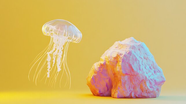 A floating crystal and a neon jellyfish on a soft yellow backdrop - Powered by Adobe