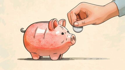 A hand dropping a coin into a piggy bank, savings concept, simple vector art