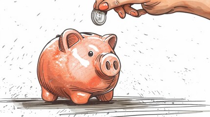 A hand dropping a coin into a piggy bank, savings concept, simple vector art