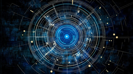 Fototapeta premium Digital Vortex: An abstract digital art piece depicting a swirling vortex of interconnected circles and lines, glowing with a vibrant blue core, suggesting technological advancement and connectivity.