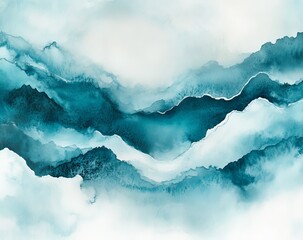 Abstract teal mountain range, painted, flowing ink, misty background