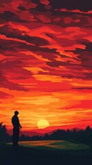 Fototapeta premium Golfer silhouette contemplates vibrant sunset over green course landscape