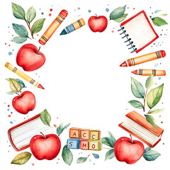 Back To School Watercolor Frame with Red Apples and School Supplies
