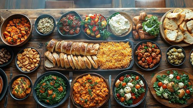 A Culinary Feast: A top-down view of a grand buffet table laden with a mouthwatering assortment of diverse dishes. From savory appetizers to vibrant salads, the table offers a gastronomic journey