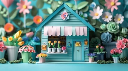paper cut craft art illustration, cute flower shop with flowers, cute nursery background