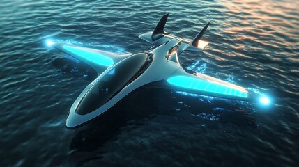 A future glider with elegant form and modern technology glides above water and emits a blue glow