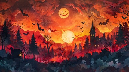 Halloween background, paper art style with layers, castle, house, pumpkin, jack, 