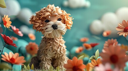papercraft art illustration, happy dog in flower garden	
