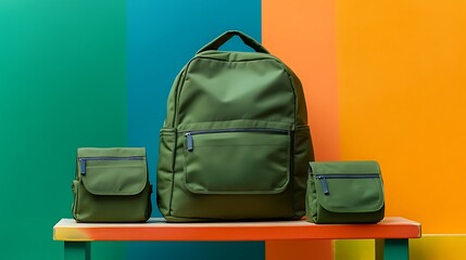 A green backpack with matching smaller pouches displayed on a wooden shelf isolated on a colorful background