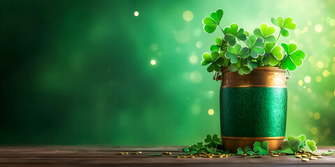A vibrant green pot filled with shamrocks sits on a wooden table. The background shimmers in green hues, perfect for creating festive St. Patrick's Day visuals that celebrate the holiday