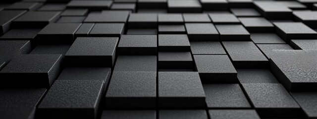 Intricate black grids and squares on a dark background. Geometric pattern for banner template with white space in the center for text. Simple modern wallpaper with copy space.