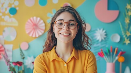 young Caucasian woman smiling with graph and geometric colorful background