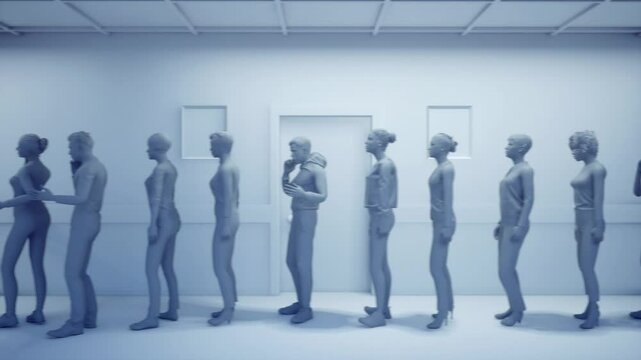 People are waiting in a long queue, one man opens the door, 3D animation