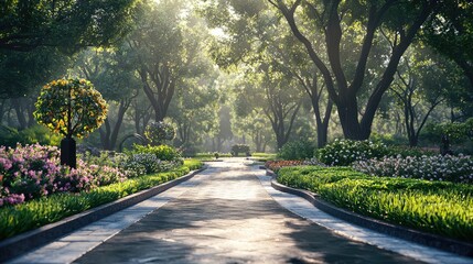 Fototapeta premium Serene Morning Stroll: A Picturesque Pathway Through Lush Greenery