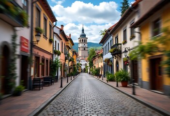 Obraz premium Walking Down Picturesque European Street with Church Tower in Distance