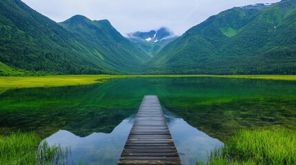 Serene mountain lake dock reflection; nature travel poster