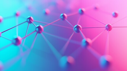 Abstract 3D rendering of interconnected spheres in vibrant pink and blue gradient, concept for network technology, digital connection, and communication