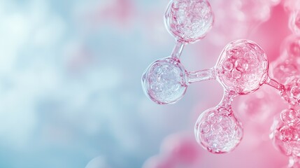 Close-up of a translucent molecular structure with pink and blue hues, concept for scientific research, medicine, and cosmetic branding