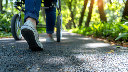 Peaceful Stroll: A Person in a Wheelchair Enjoying a Sunny Day in a Lush Green Park