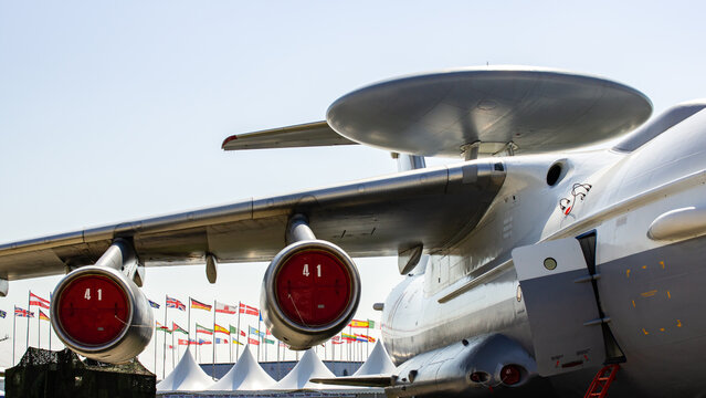 MAKS-2011 on territory of airfield LII im. Gromov. Soviet and Russian airborne early warning and control aircraft A-50 (NATO - Mainstay) at static parking lot. Zhukovsky, Russia - August 16, 2011