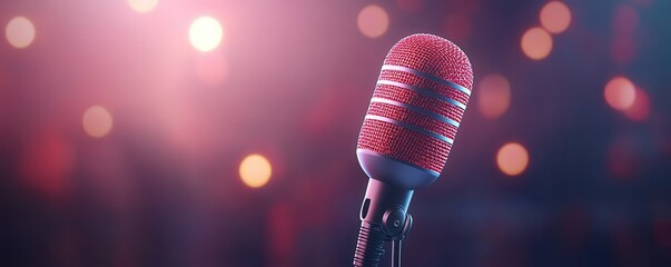 Live podcast banner background. A close-up of a vibrant red microphone against a blurred, colorful background, capturing the essence of music and performance.