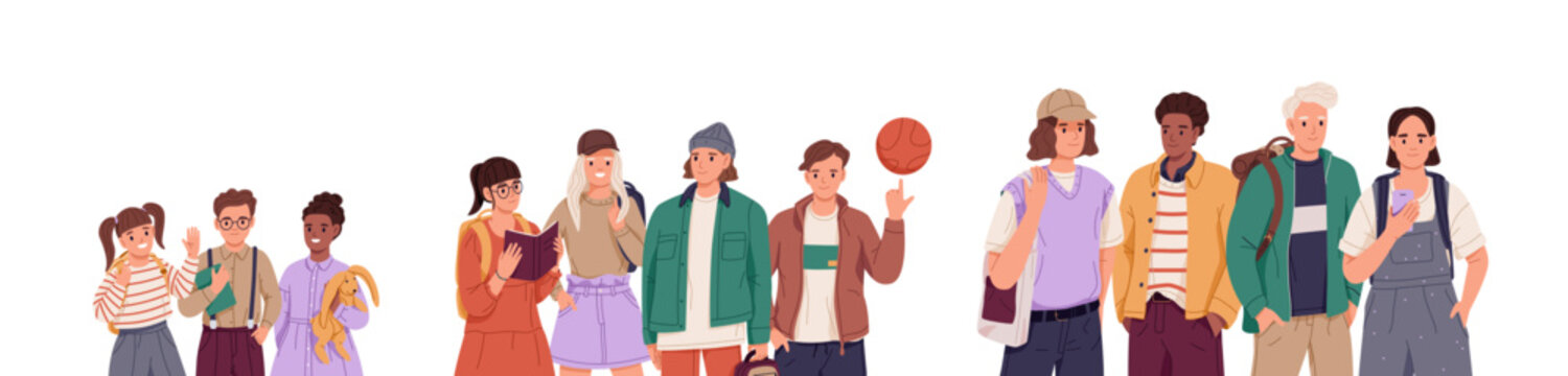 Set of students' groups of different ages. Happy pupils of elementary or high school standing together. Diverse children, boys, girls with backpacks. Flat isolated vector illustration on white
