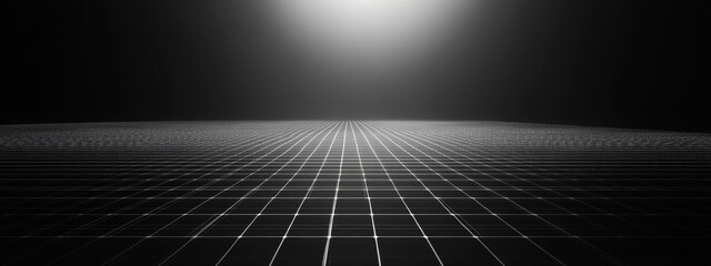 Naklejka premium Minimalist black background with abstract grid patterns. Banner template with white space in the center for text. Suitable for contemporary websites, modern posters, and clean advertisements.