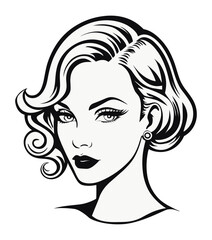 Woman face soft bob, medium length hair exquisite waves and curls in cinematic hairstyle 1930s