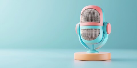 Live podcast banner background. A retro-style microphone in pastel colors on a soft blue...