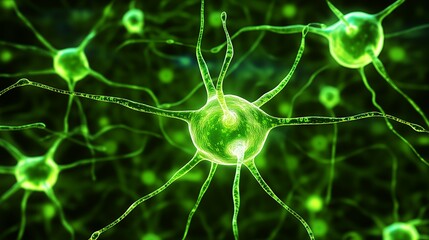 Close-up view of glowing green neuron cells with intricate branching structures, concept for neuroscience research, medical, and science publications
