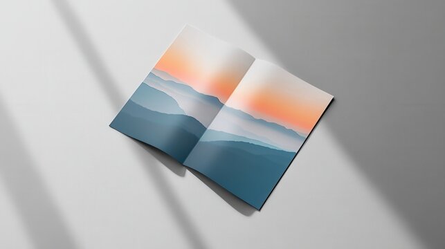 Folded brochure mock-up on clean paper, showcasing intricate shadow effects, ideal for design presentations and marketing materials