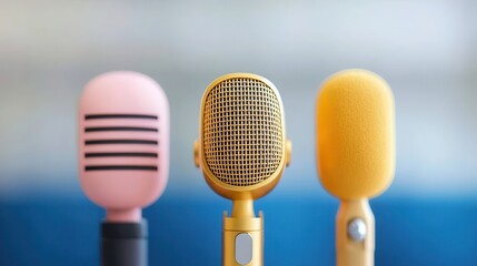 Live podcast banner background. Three colorful microphones in a row, showcasing different styles and designs, ideal for music, podcasting, or broadcasting.